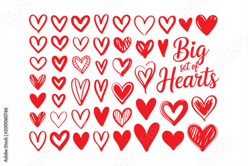 Big set of red hearts, collection of hand-drawn heart shapes and a love text message.