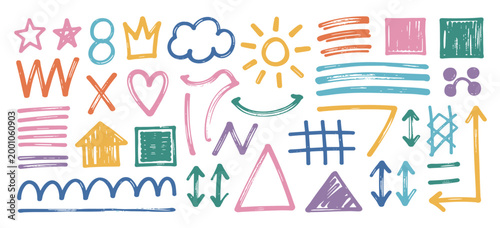 Collection of hand-drawn colorful geometric shapes, symbols, and numbers star number 8 crown cloud