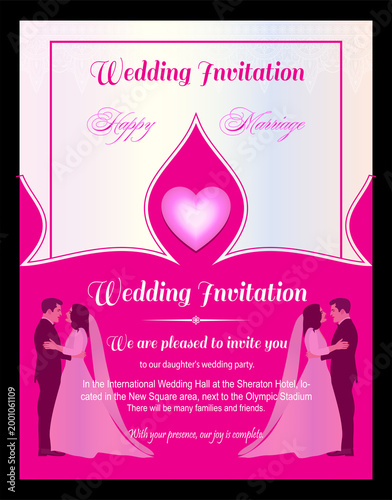 Vertical elegant decorative hot pink and opal wedding invitation card layout template design vector