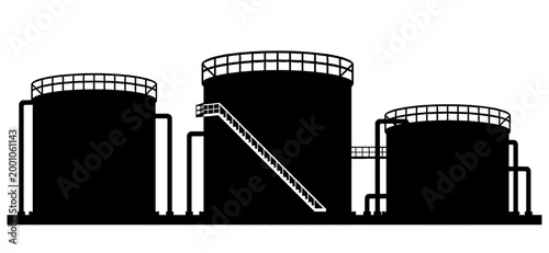 Oil storage tank vector silhouette isolated on white background. Industrial petroleum refinery depot, fuel silo plant with pipes and stairs. Energy sector, gas industry, global geopolitical crisis
