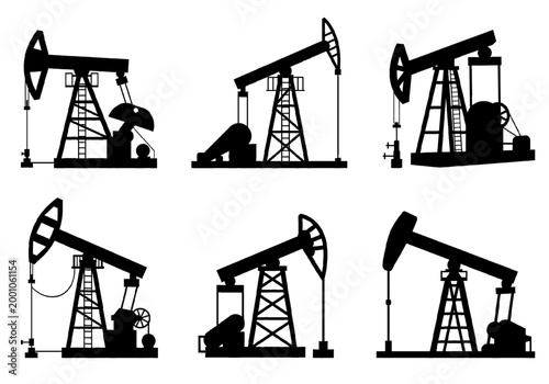 Black vector silhouette set of oil pumpjacks. Petroleum extraction nodding donkey rig icons isolated on white. Energy industry, global fuel crisis, embargo, supply shortage, market price economy