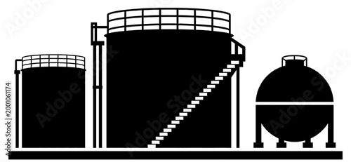 Industrial storage tanks, oil refinery silos, cylindrical containers black silhouette isolated on transparent background. Minimal flat illustration of fuel tanks with pipelines and ladder access icons