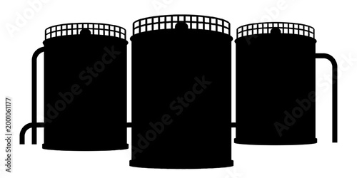 Oil industry vector illustration with storage tanks, refinery equipment, and industrial infrastructure in minimalist black silhouette design for business and energy concepts.