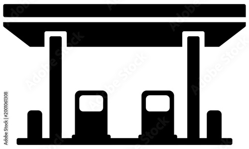 Gas station with fuel pump and nozzle - black silhouette isolated on transparent background. Petrol filling equipment icon, energy supply symbol, flat minimal industrial pictogram illustration