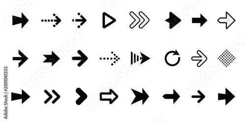 Swipe scroll and slide arrow icon set showing pixel and line style navigation indicators, hand and finger gesture controls, directional movement cues, and UI interaction symbols