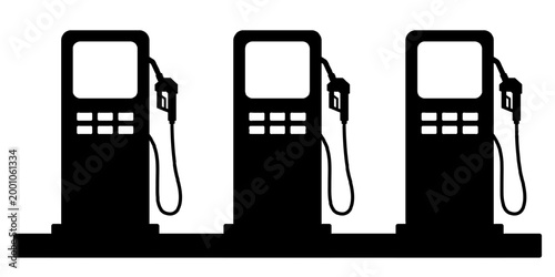 Vector silhouette set of gas station and fuel pump icon. Auto refueling, petroleum industry, gasoline prices and energy market supply concept. Black flat graphic element isolated on white background