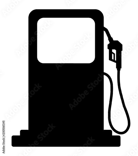 Gas station vector silhouette with fuel pump, canopy and signage in minimalist black design for energy, transportation, and petroleum industry graphics. Vector icon Isolated on white background.