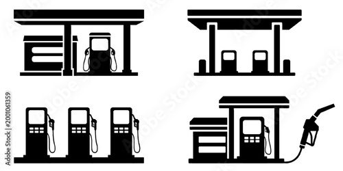 Vector silhouette set of gas stations and fuel pump icons. Auto refueling, petroleum industry, gasoline prices and energy market supply concept. Black flat graphic element isolated on white background
