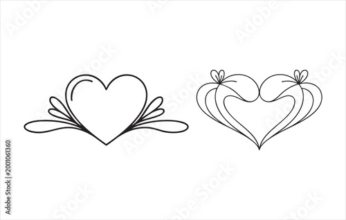 Two decorative heart outlines, elegant design elements with swirling line details and abstract shapes.