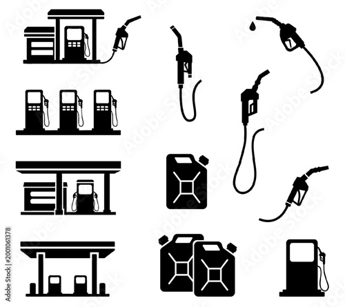 Black silhouette set of gas stations, fuel pump nozzles and jerrycans isolated on white. Petroleum industry icons for auto refueling, oil embargo, gasoline price inflation, global energy supply crisis