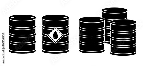 Oil barrels silhouette set. Vector black drums isolated on white background with hazard symbol. Stacked and single containers, crude oil storage, fuel industry, petroleum logistics, energy reserve
