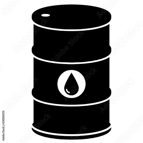Black silhouette of oil barrel with white labels and symbols representing petroleum, energy, and industrial commodity trading or storage. Oil storage container icon isolated on transparent background.