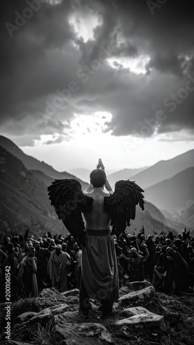Dramatic Black and White Image of an Angelic Figure with Wings in a Mountainous Landscape