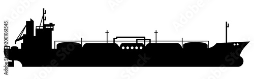 Oil tanker ship vector black silhouette isolated on white background. Cargo vessel with deck pipelines and superstructure, maritime crude transport icon, energy supply sign, fuel logistics concept