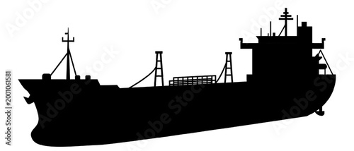 Oil tanker ship vector black silhouette isolated on white background. Cargo vessel with deck pipelines and superstructure, maritime crude transport icon, energy supply sign, fuel logistics concept