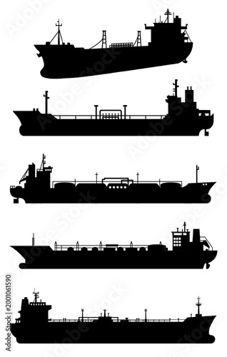 Oil tanker, gas carrier, and cargo ship silhouette set. Maritime vessels for global fossil fuel transport, energy logistics, maritime embargo, trade crisis concept. Flat vector icons isolated on white