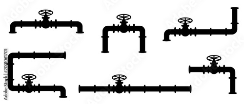 Set of black vector silhouettes of industrial oil pipeline configurations with control valves on white. Flat design for gas refinery networks, plumbing systems, and petroleum tube structures concept.