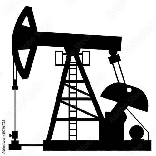 Black vector silhouette of oil pumpjack. Petroleum extraction nodding donkey rig icon isolated on white. Energy industry, global fuel crisis, embargo, supply shortage, market price economy