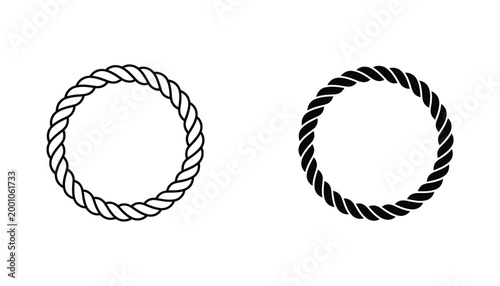 Circular rope frame vector icon set isolated on white background showing nautical style twisted cord border in both thin line art and bold solid black silhouette for maritime branding and design