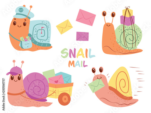 Snail Mail Cartoon Characters Set with Cute Snails Delivering Letters and Packages