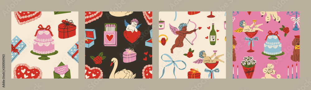 Naklejka premium Seamless romantic doodle pattern with hearts, bows, doves, cakes and drinks. Cute vintage coquette illustration for Valentine’s Day, weddings and gifts. Trendy feminine design for wallpaper.