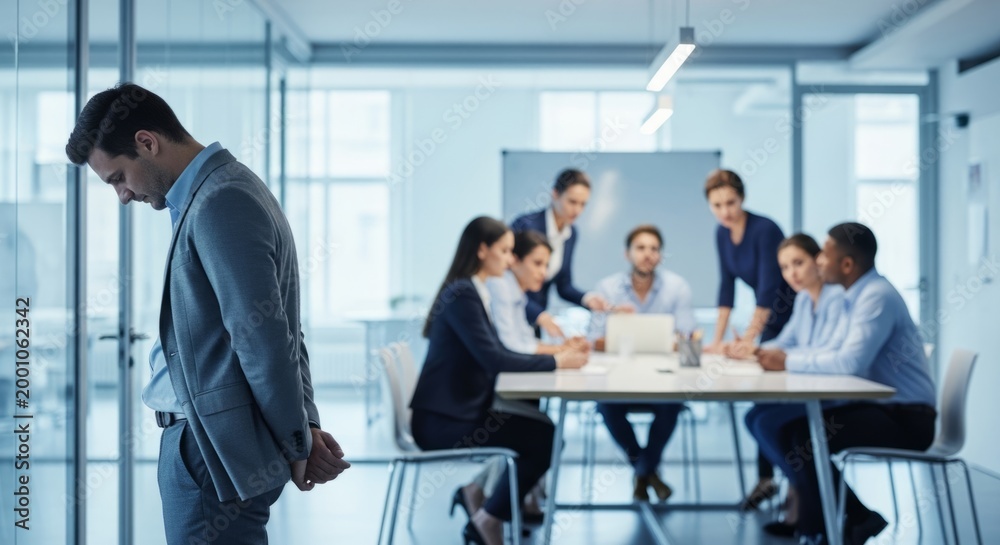 Fototapeta premium Isolated employee looking down in shame during a tense office meeting, representing workplace conflict and exclusion