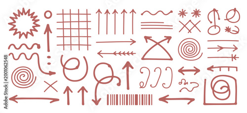 Collection of hand-drawn, sketchy arrows, spirals, and geometric shapes in muted red doodle