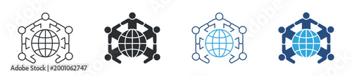 Global unity icon set. people around globe symbol. international cooperation, community and partnership concept. vector illustration.
