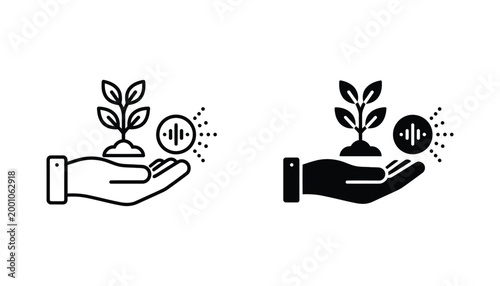 Human hand holding growing sprout with sound wave icon set isolated on white background representing eco friendly technology and sustainable innovation in line art and solid black silhouette styles