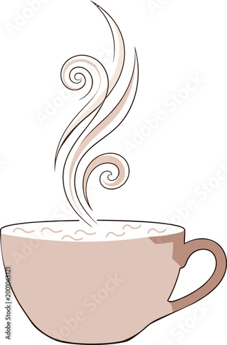 Detailed illustration of coffee cup filled with beverage, gentle waves on surface, warm steam swirls upwards, vector art.