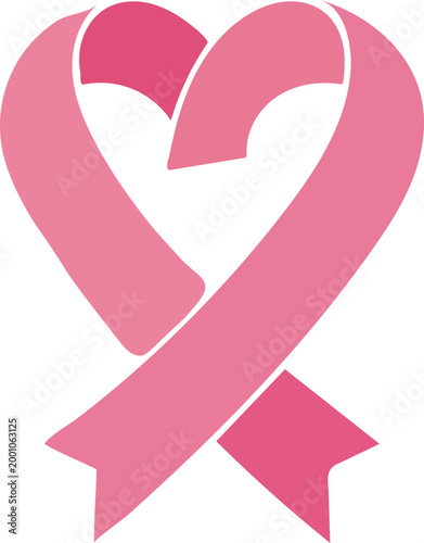 Pink ribbon shaped like a heart, breast cancer awareness symbol, hope and support, flat vector graphic with transparent background.
