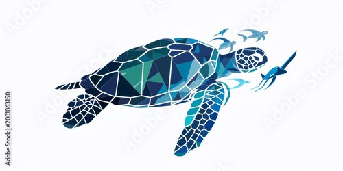 Sea turtle swimming with small aquatic animals geometric art
