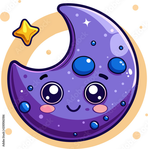 Cute kawaii purple moon with star and bubbles for kids bedtime story illustrations and childish designs.