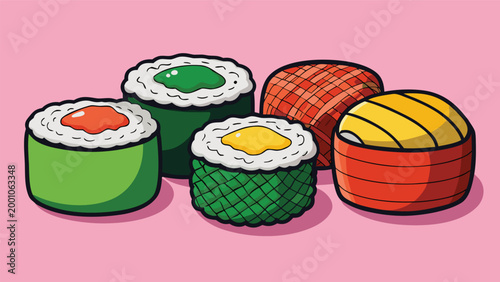 Colorful sushi rolls illustration with stylized textures and vibrant toppings on a solid pink background for restaurant menu design