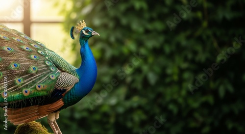 Majestic peacock wearing a golden crown, symbolizing pride, in a lush garden with soft sunlight and ample copy space.