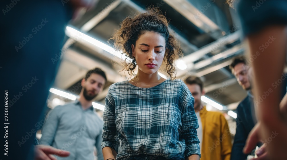 Obraz premium Portrait of insecurity: a lone woman at the center of workplace scrutiny