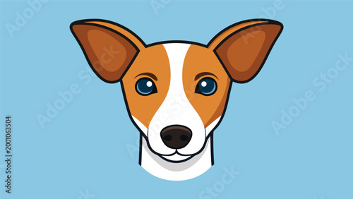 Stylized cartoon portrait of a brown and white dog head isolated on a solid light blue background for pet design projects