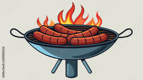 Cartoon illustration of grilled sausages cooking on a charcoal barbecue grill with bright orange flames for summer outdoor party concept