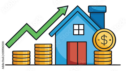 Rising real estate market concept with a blue house icon, gold coin stacks, and a green upward trend arrow on a white background
