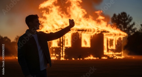 Man taking selfie with burning house at sunset, symbolizing emotional detachment and modern indifference to crisis