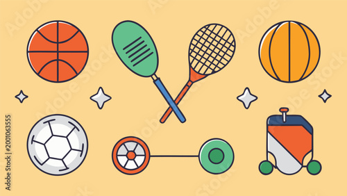 Set of colorful sports equipment icons including basketball, tennis racket, soccer ball and fitness gear on a flat yellow background
