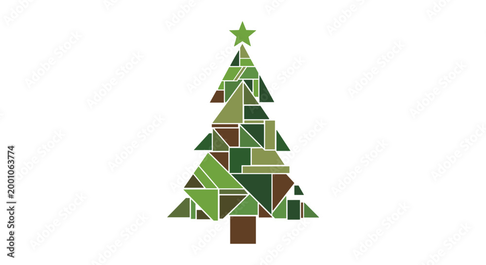 Obraz premium Geometric Abstract Evergreen Tree with Star Decoration on White Background
