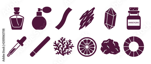Abstract fragrance icons: perfume ingredients and aromatic elements