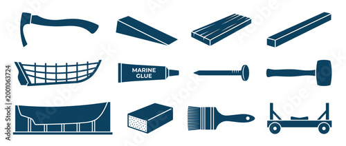 Collection of nautical construction tools and materials icons on white background