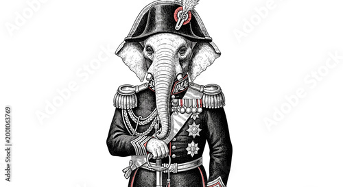 Majestic Elephant General: Hand-Drawn Illustration in Historical Military Uniform