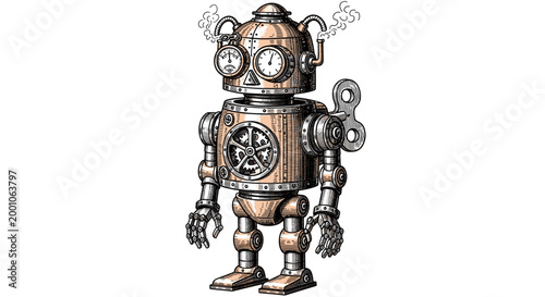 Charming Steampunk Robot Illustration with Exposed Gears and Wind-Up Key Element