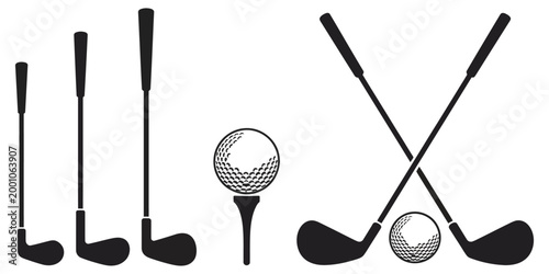 Golf Club Silhouettes Icon Set, Ball and Tee Vector Symbols Collection, Minimal Sports Equipment Icons for Branding, Logo Design, UI Elements, and Golf-Themed Graphic Illustration.