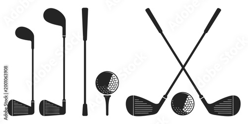 Golf Equipment Silhouette Set, Clubs, Ball, and Tee Vector Icons in Minimal Style, Modern Sports Symbol Collection for Logo Design, Branding, and UI Graphic Elements.