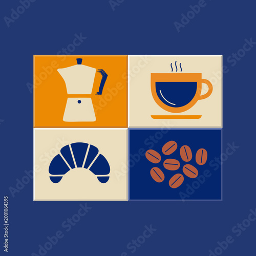 coffee, moka pot, croissant, coffee beans vector illustration