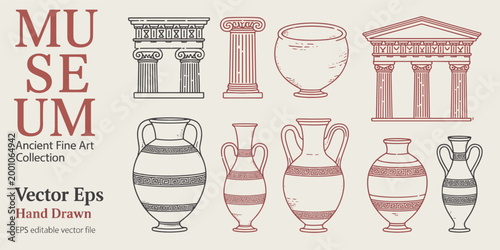 Hand-drawn ancient greek architectural and pottery collection greece architecture